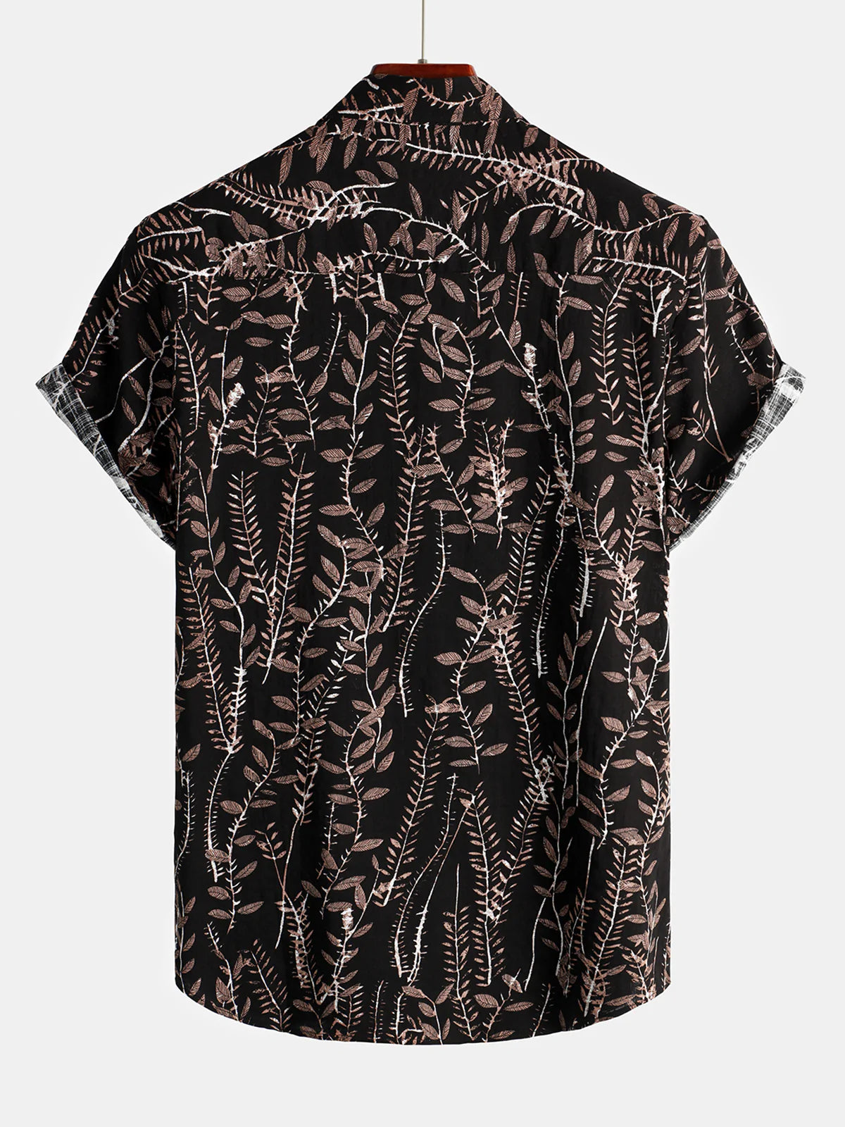 Men's Casual Retro Plant Leaf Black Button Up Summer Short Sleeve Shirt