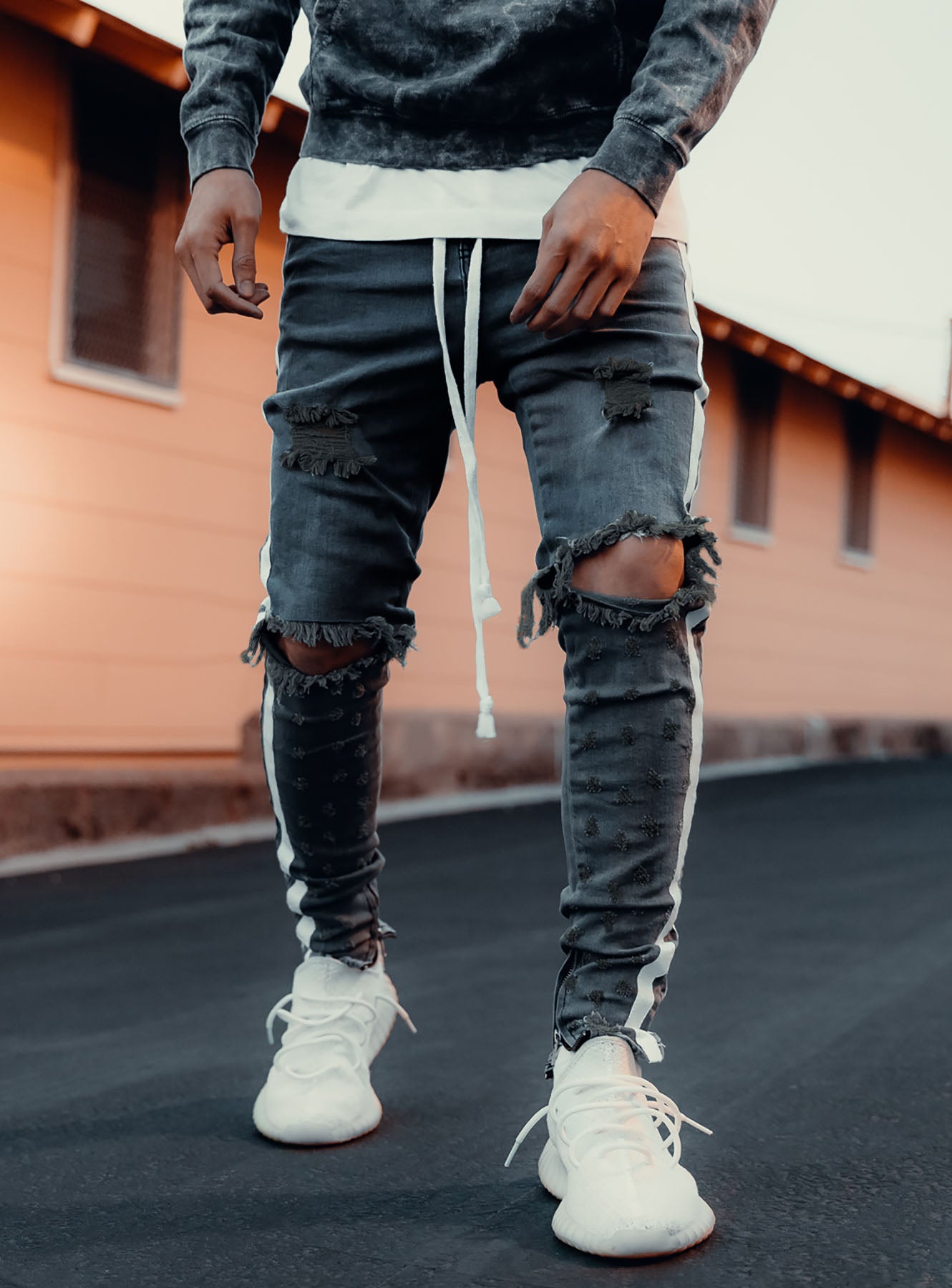 Double Striped Track Jeans V2 in Dark Grey and White