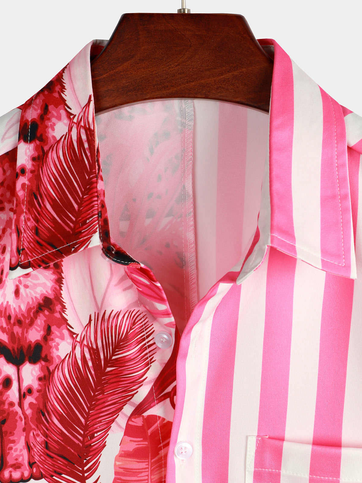 Men's Pink Cat & Striped Print Short Sleeve Shirt