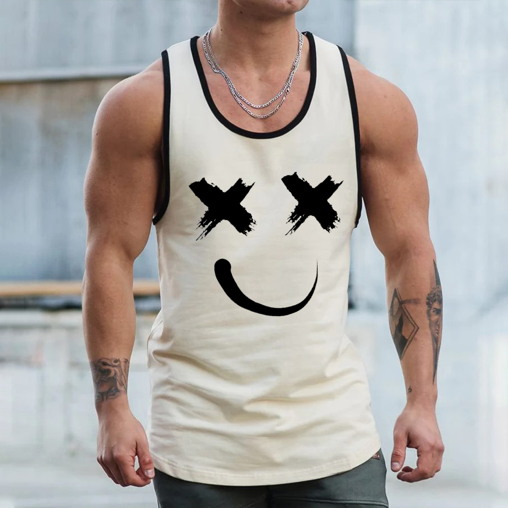 Men's Sports Smiley Print Sleeveless Black Tank Top