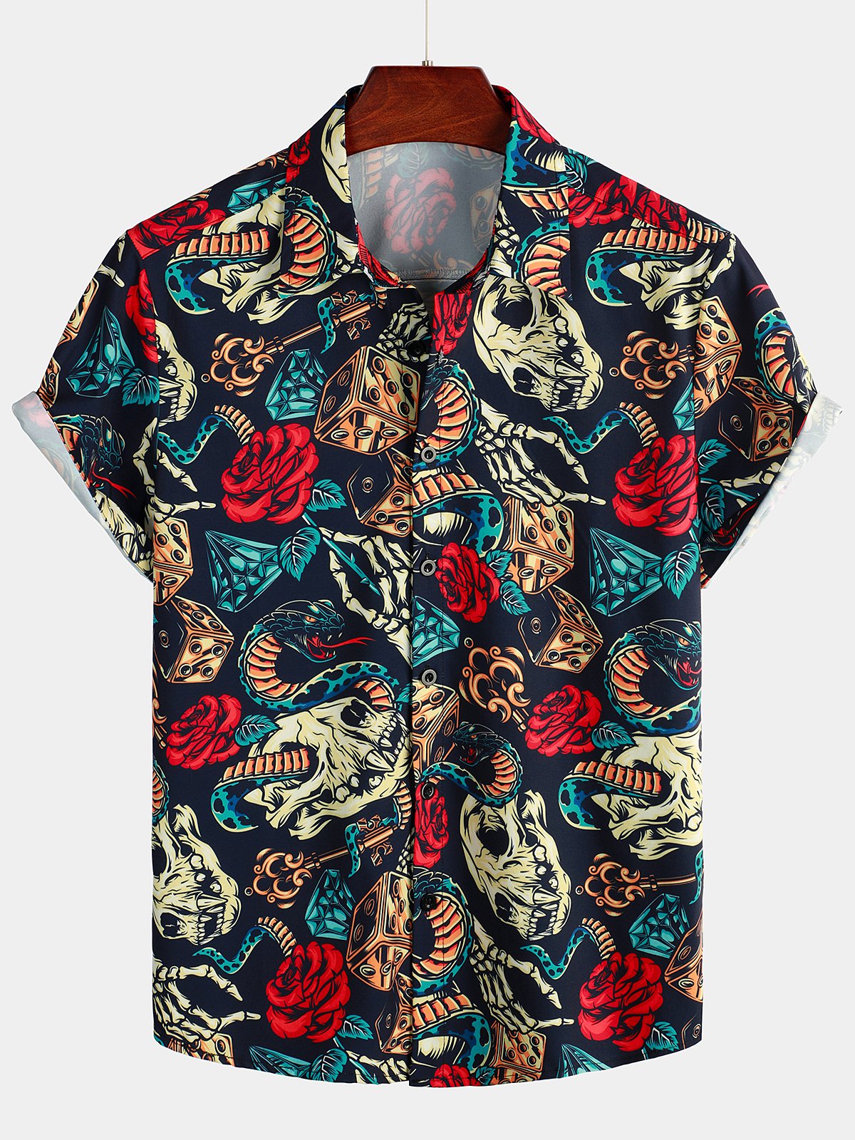 Men's Skull Rose Print Short Sleeve Hawaiian Shirt