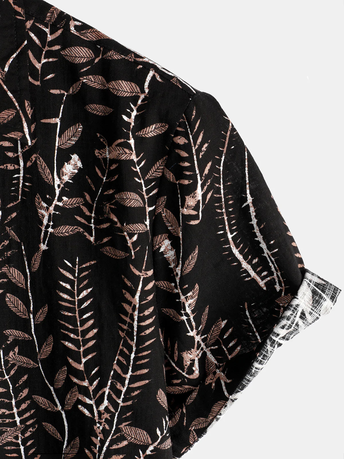 Men's Casual Retro Plant Leaf Black Button Up Summer Short Sleeve Shirt