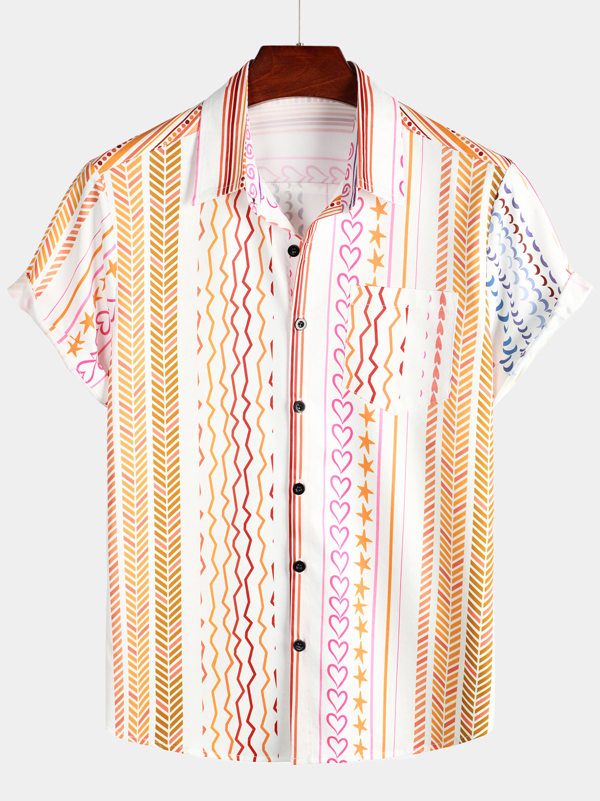Men's Casual Striped Print Retro Pocket Button Up Summer Short Sleeve Shirt