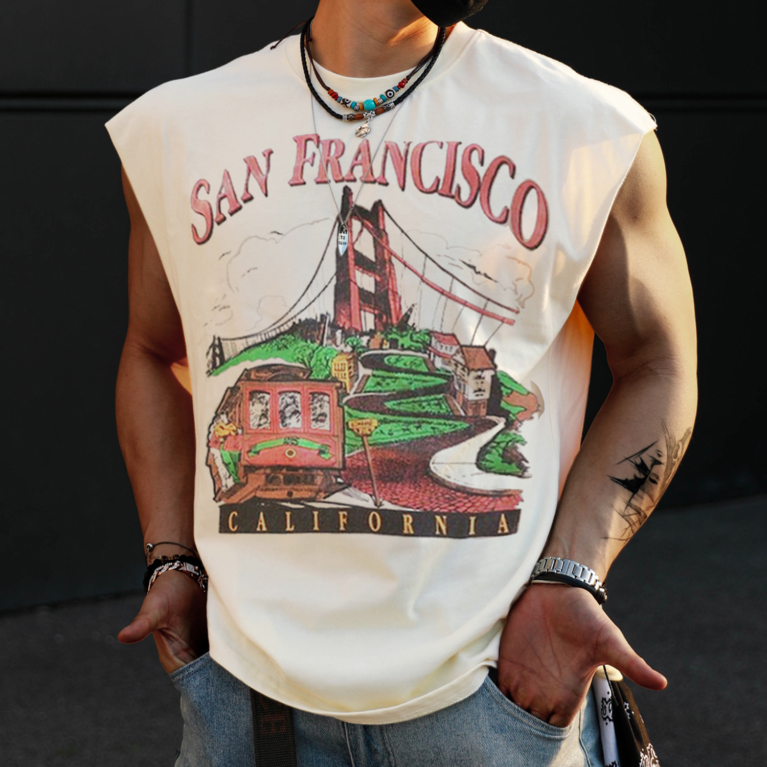 Retro Men's San Francisco Print Tank Top Oversized Sleeveless T-shirt