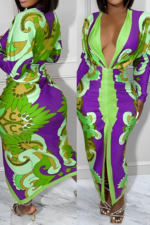 Deep V Printed Slim Maxi Dress