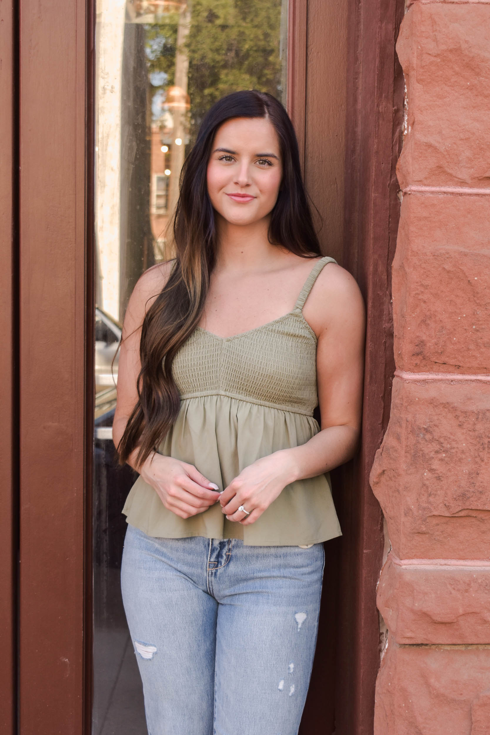 Peyton Smocked Peplum Tank | Olive