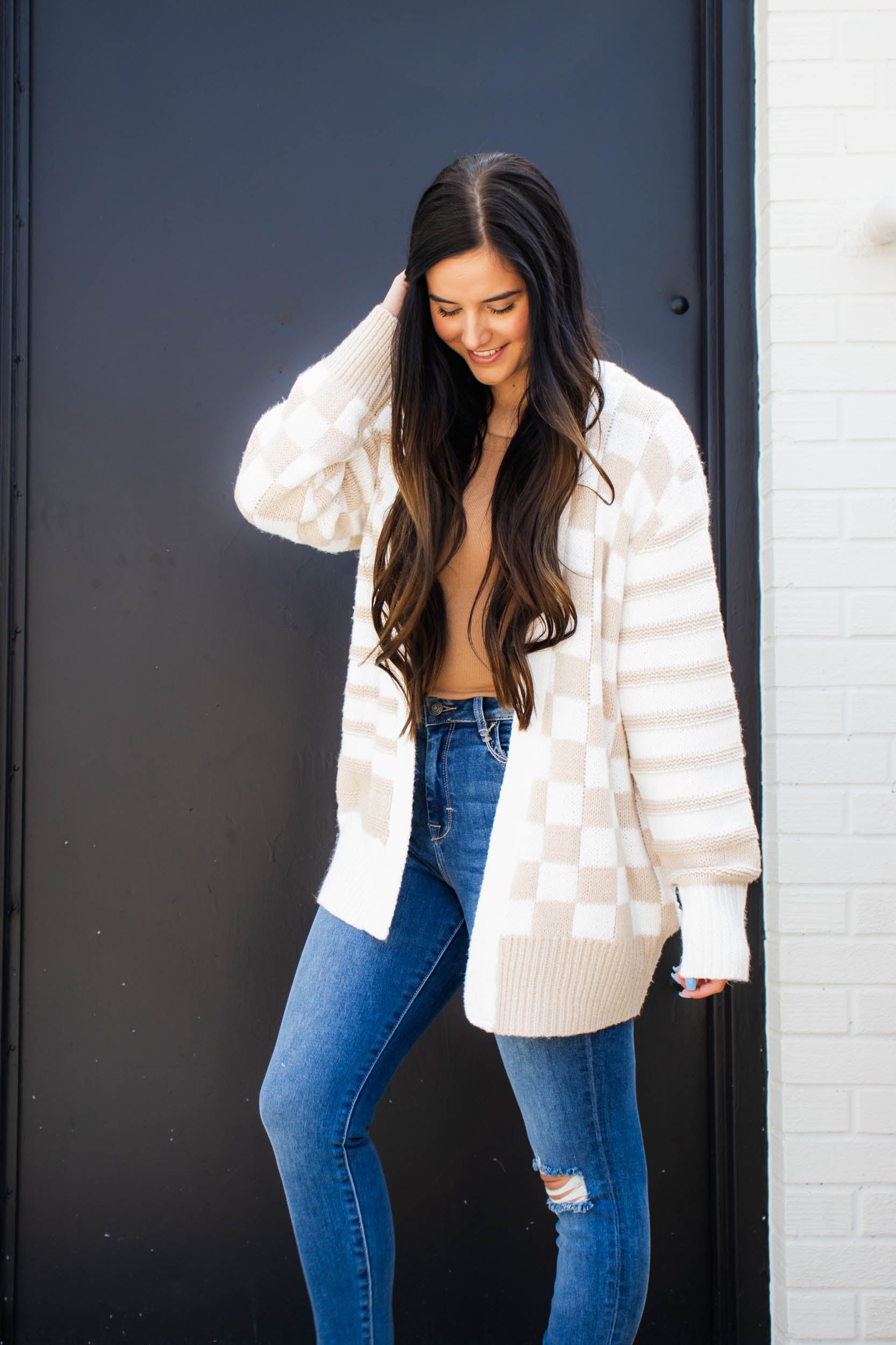 Patti Striped-Checkered Cardigan | Cream/Taupe