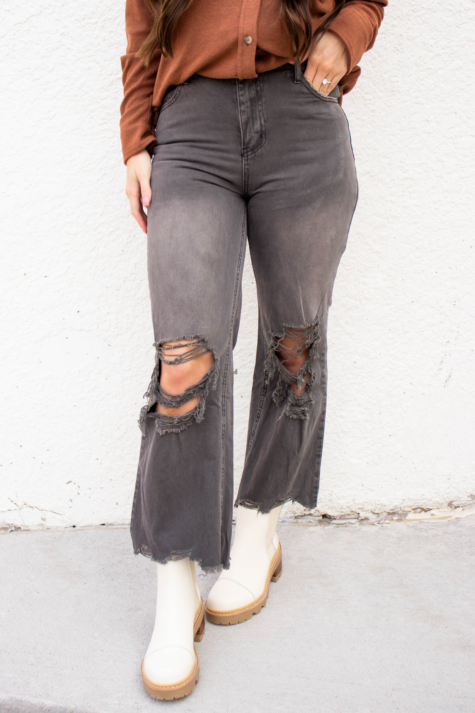 Jamie Distressed Wide Leg Pants | Black Charcoal