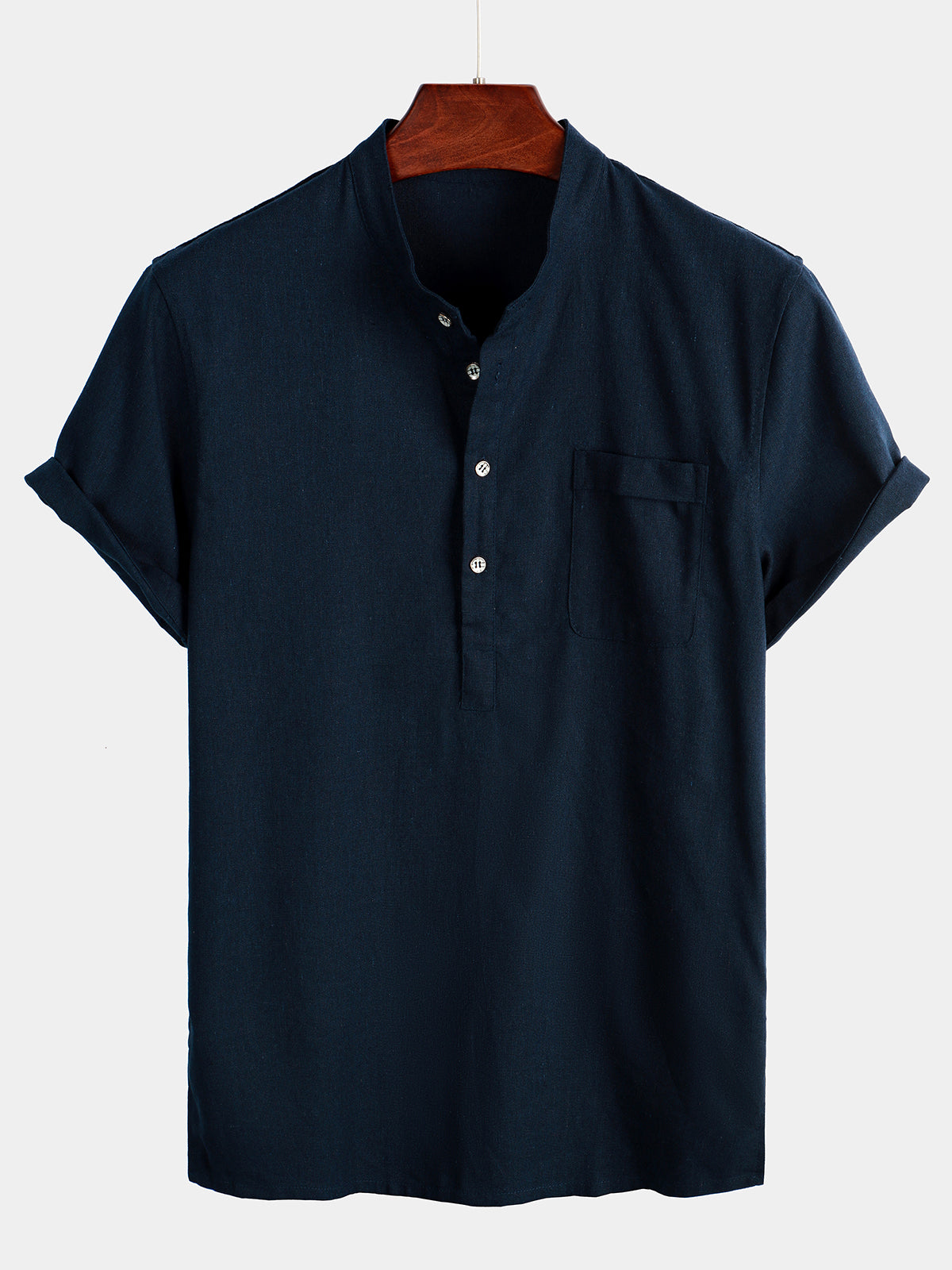 Men's Solid Color Stand Collar Half Button Pocket Front Shirt
