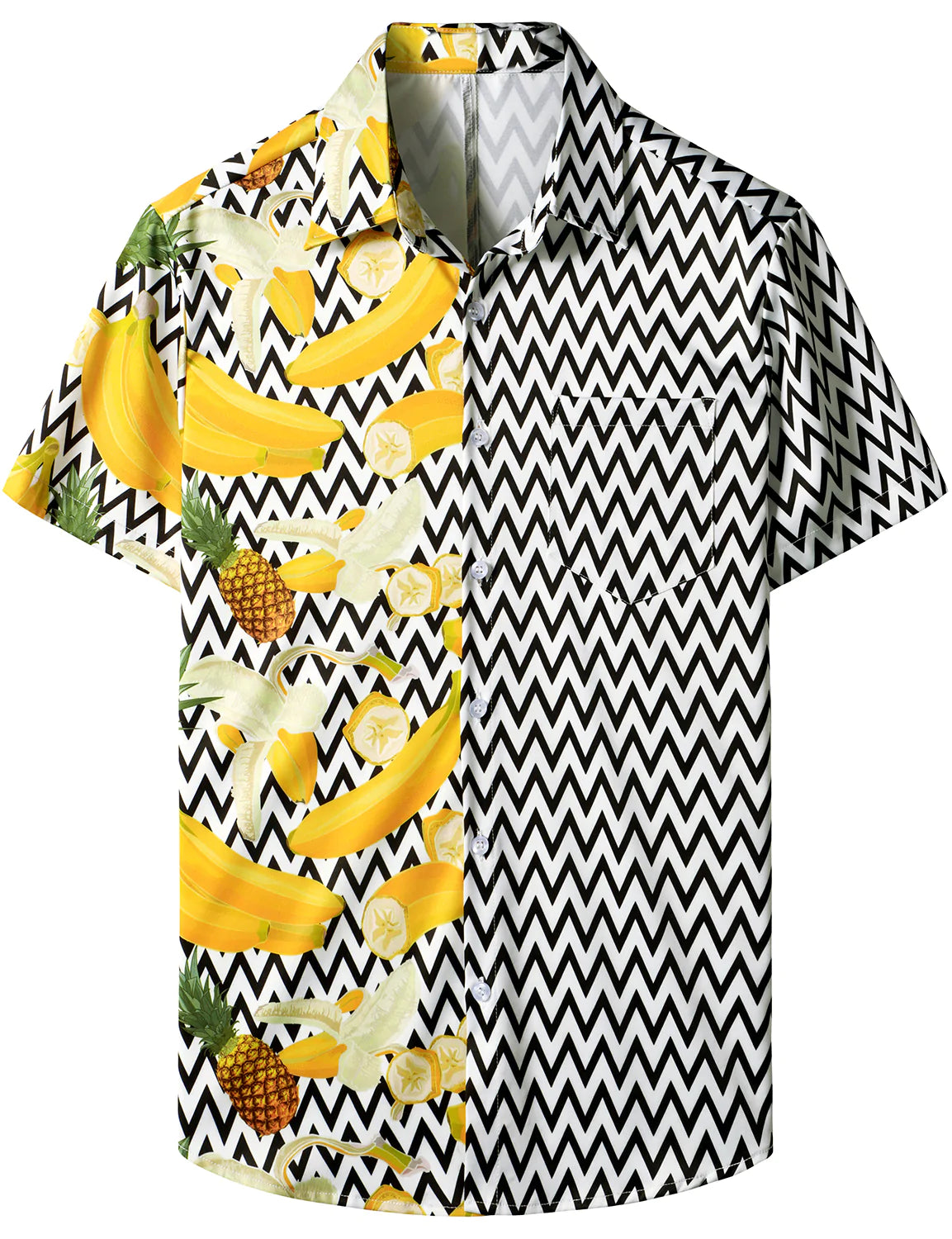 Men's Banana Pineapple Black and White Wave Print Pocket Vacation Tropical Fruit Short Sleeve Summer Vacation Beach Shirt