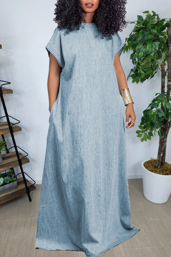 V-Cut Back Denim Maxi Dress