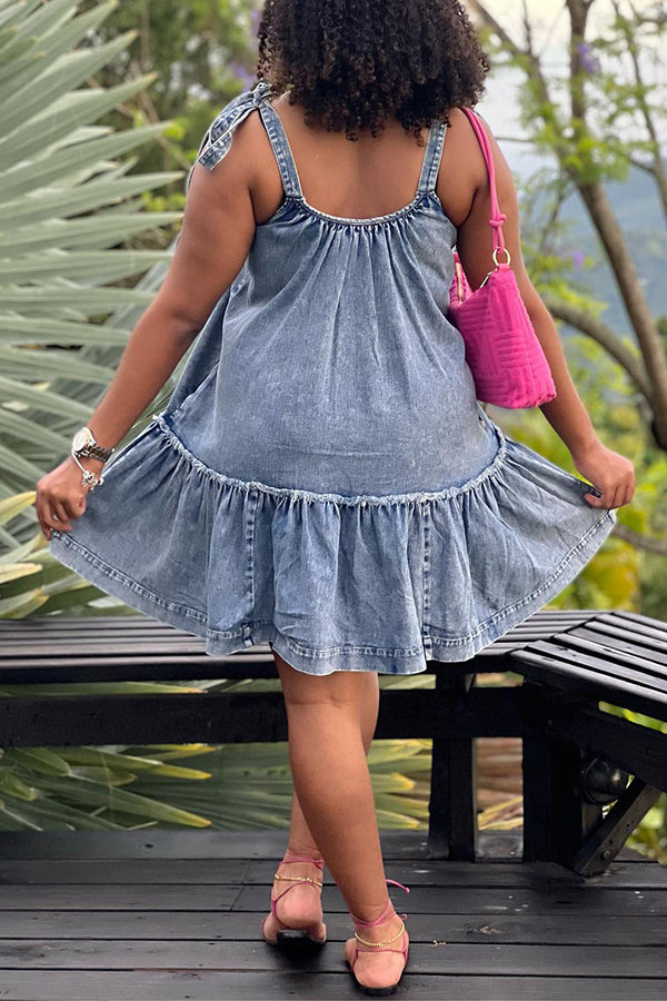 Knot Shoulder Denim Ruffle Hem Mini Dress