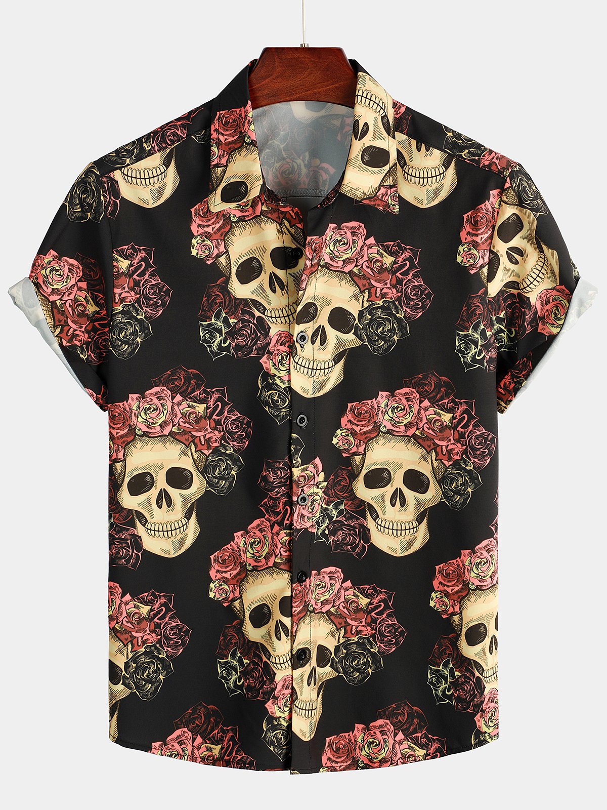 Men's Skull Rose Print Short Sleeve Hawaiian Shirt