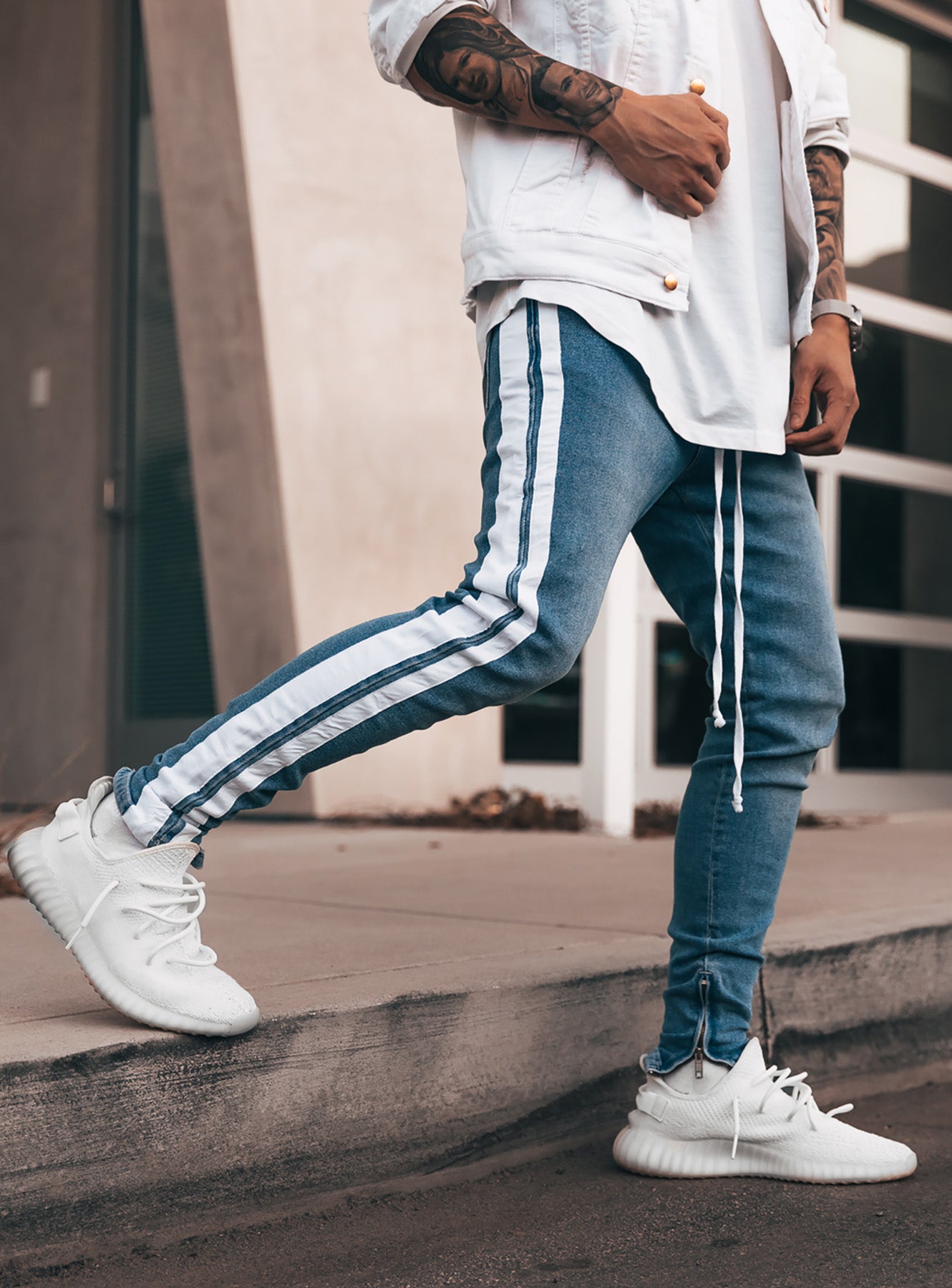 Double Striped Track Jeans V1 in Blue and White