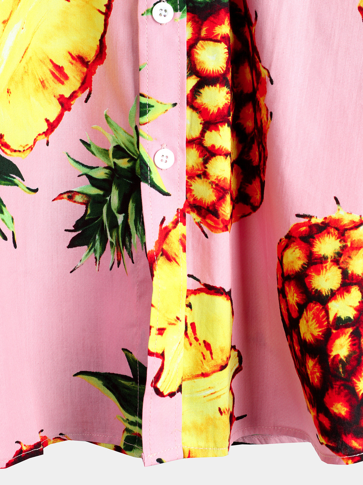 Men's Pink Pineapple Print Holiday Pocket Cotton Shirt
