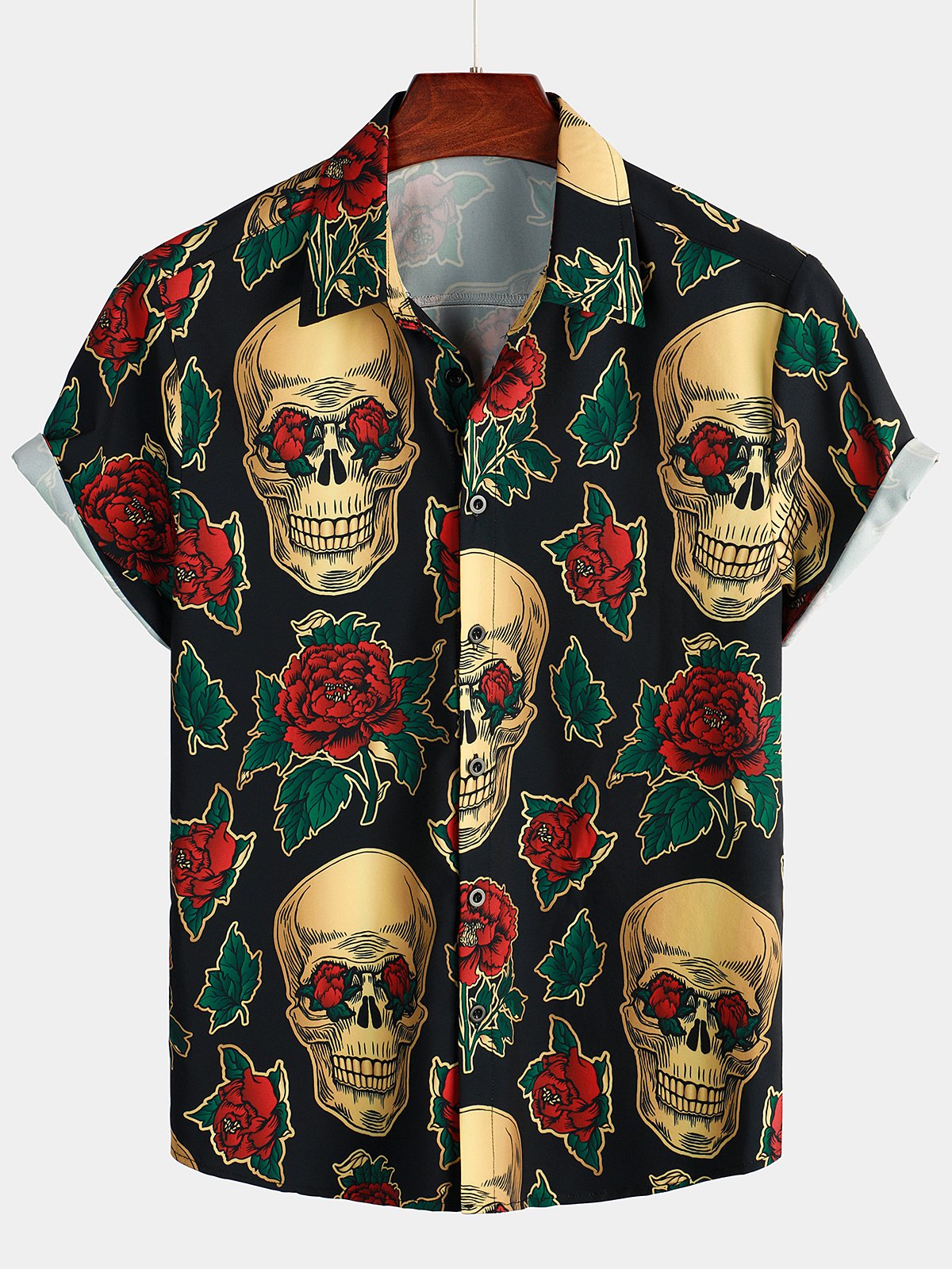 Men's Skull Rose Print Short Sleeve Hawaiian Shirt