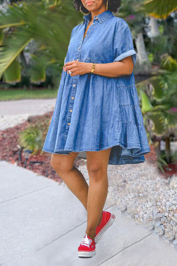 Ruffle Hem Babydoll Denim Dress