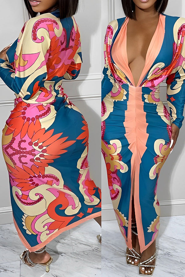 Deep V Printed Slim Maxi Dress