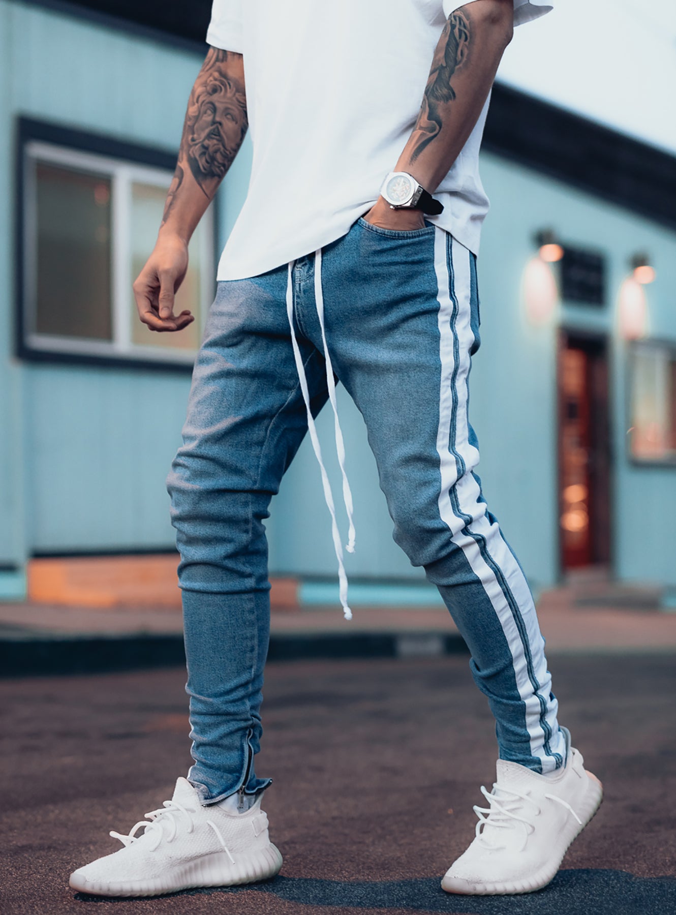 Double Striped Track Jeans V1 in Blue and White