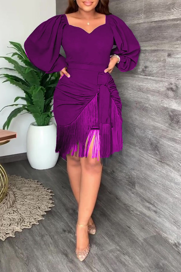 Elegant Puff Sleeve Tassels Dress