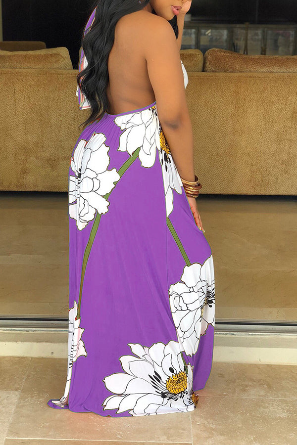 Flower Print Halter Maxi Dress With Headscarf