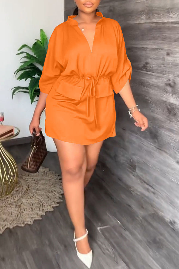 Notch Neck Drawstring Waist Dress
