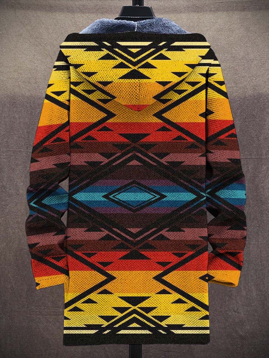 Men's Art Colorful Ethnic Pattern Long-Sleeved Fleece Sweater Coat Cardigan