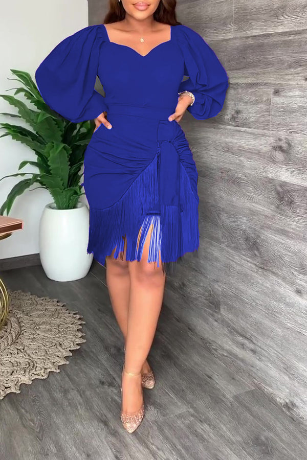 Elegant Puff Sleeve Tassels Dress