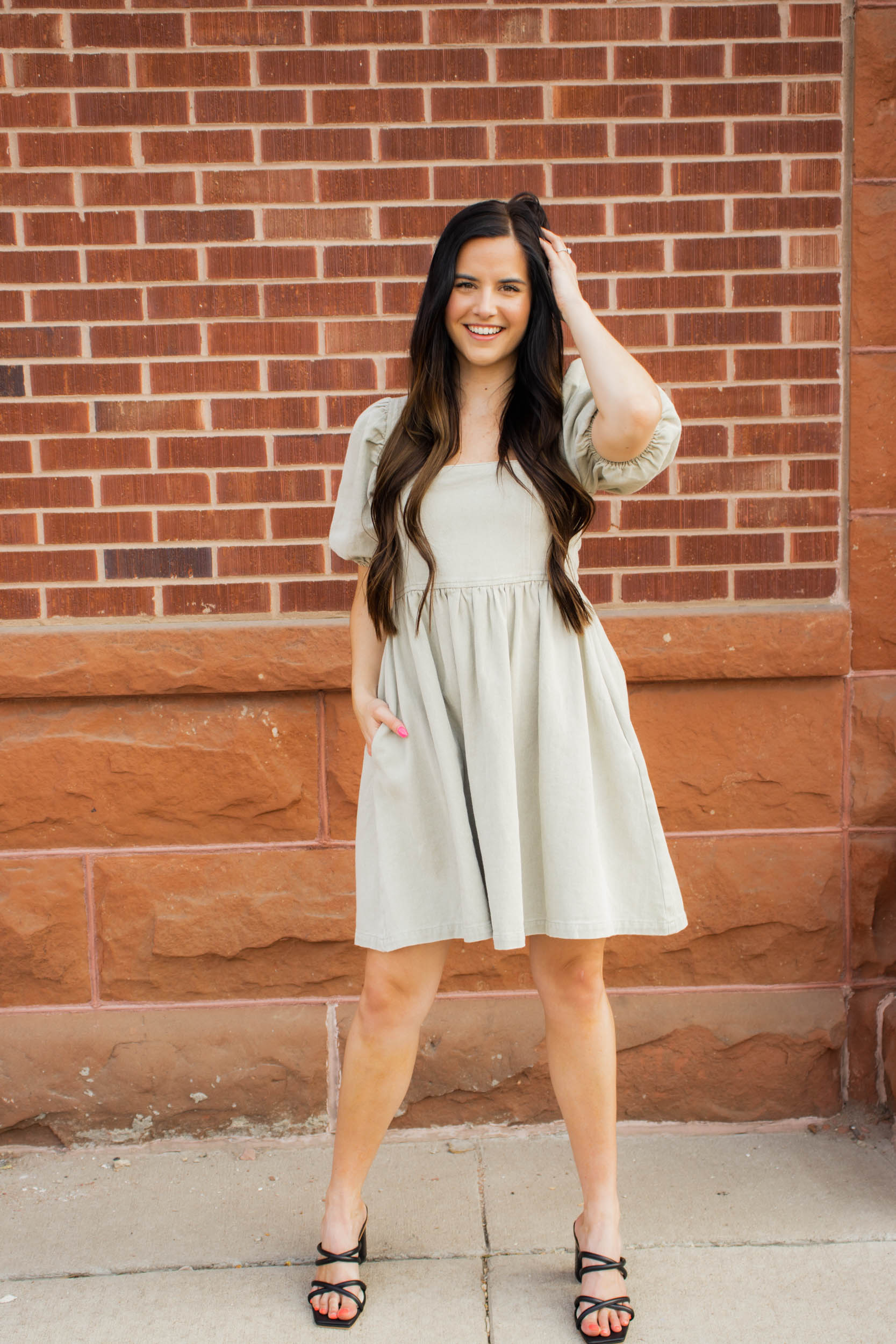 Emma Washed Denim Babydoll Dress | Light Olive