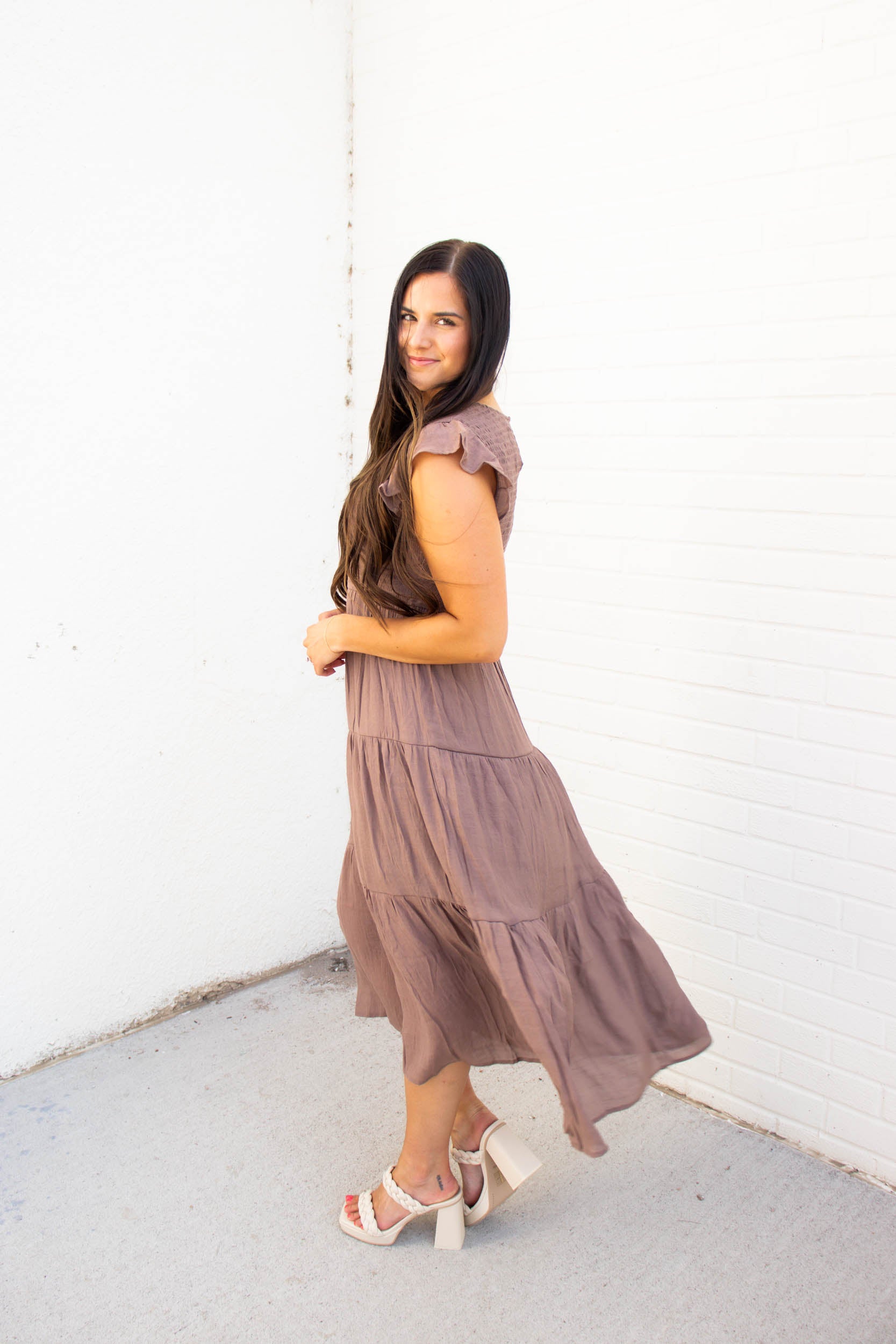 Krysta Smocked Tiered Midi Dress | Mocha
