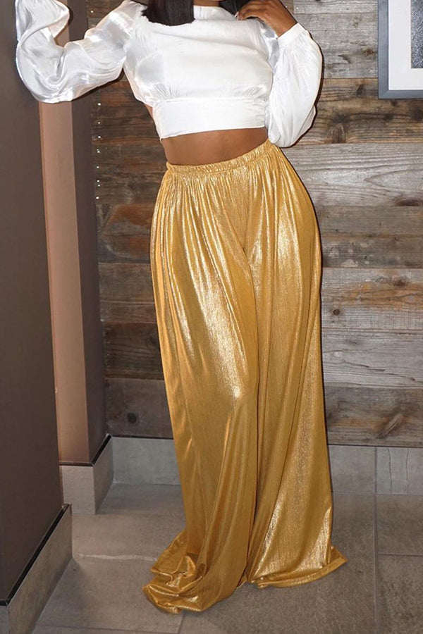 Bronzing Elastic Waist Wide Leg Pants