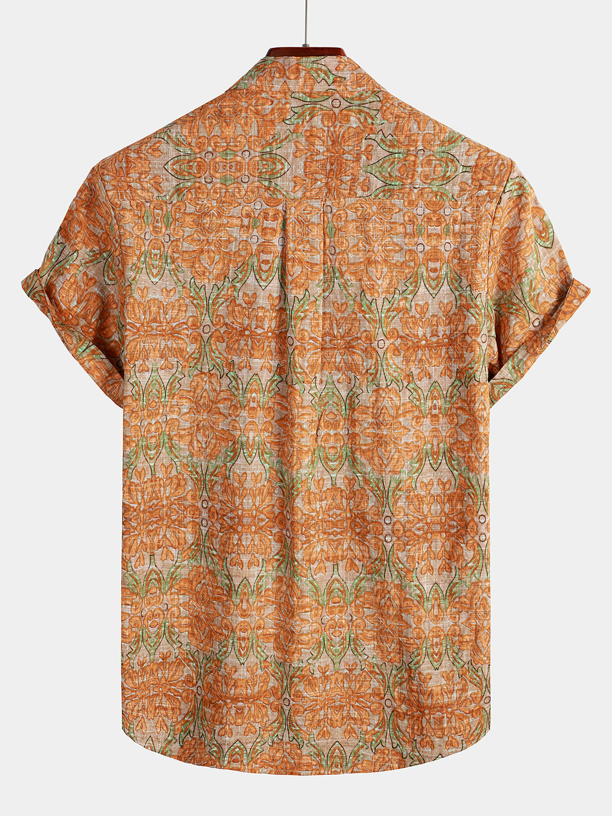 Men's Retro Casual Button Up Pocket Beach Vintage Orange Short Sleeve Shirt