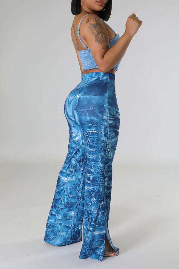 Imitation Denim Print Slit Pants