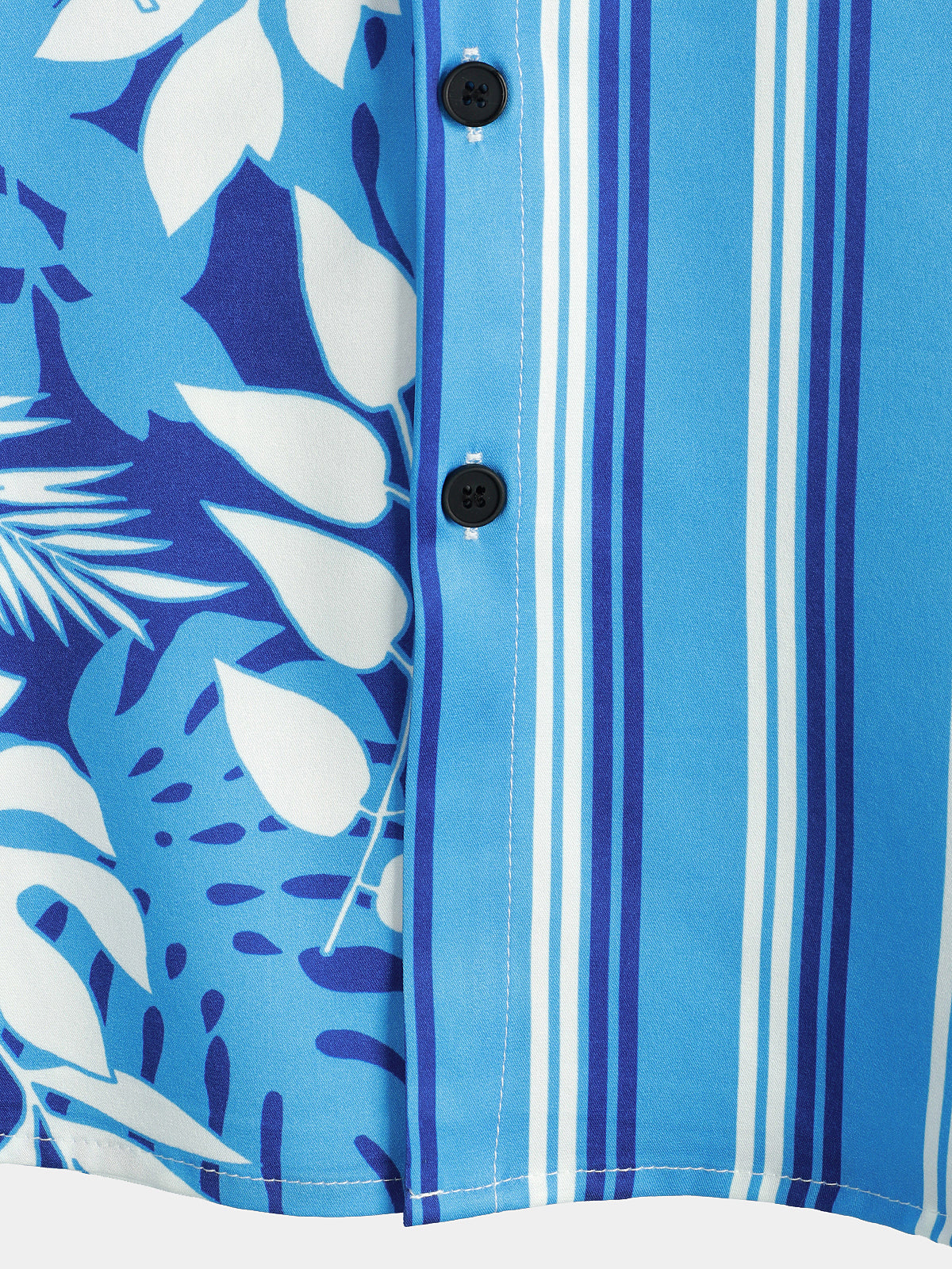 Men's Floral Tropical Print Blue and White Striped Beach Short Sleeve Button Up Hawaiian Shirt