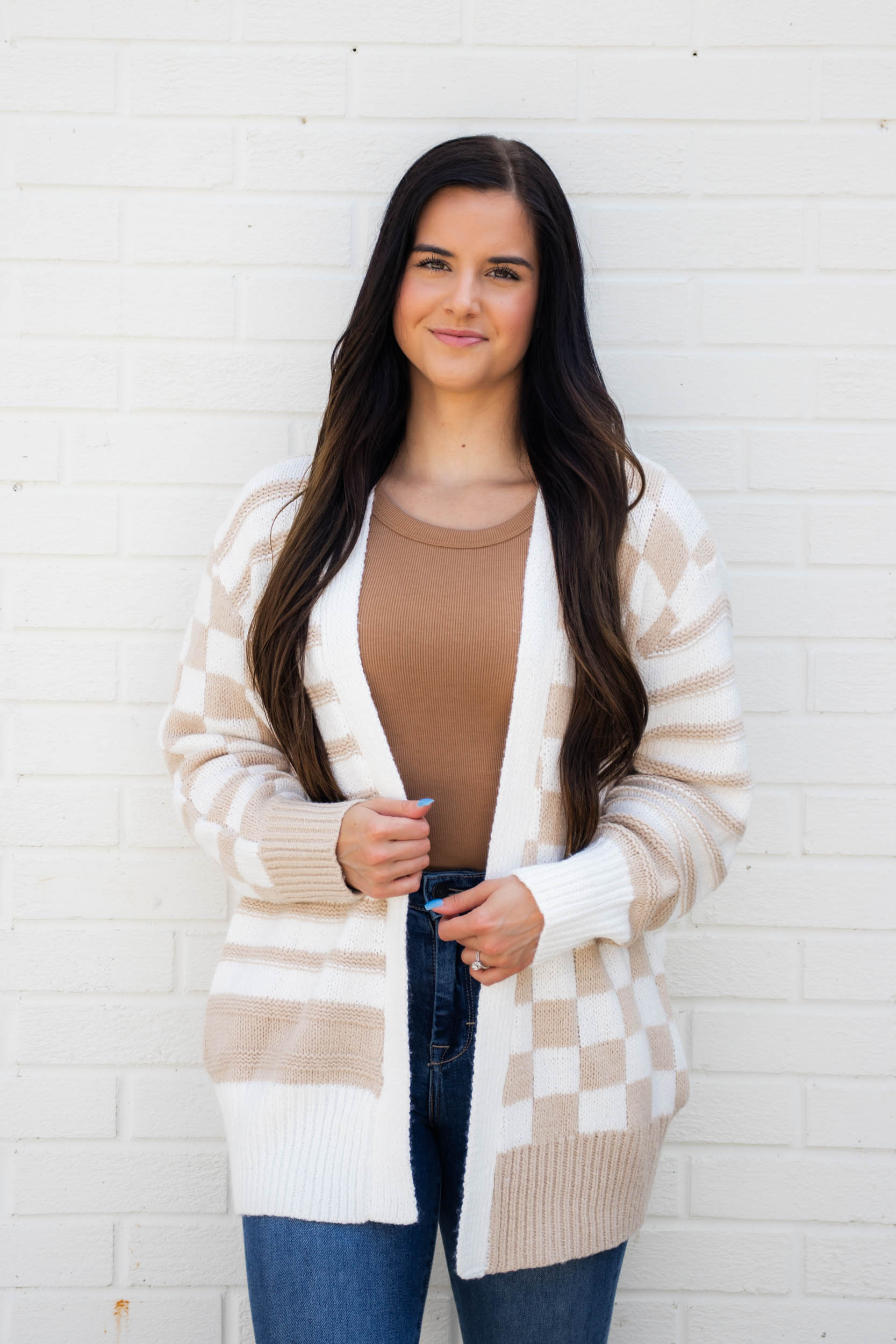 Patti Striped-Checkered Cardigan | Cream/Taupe