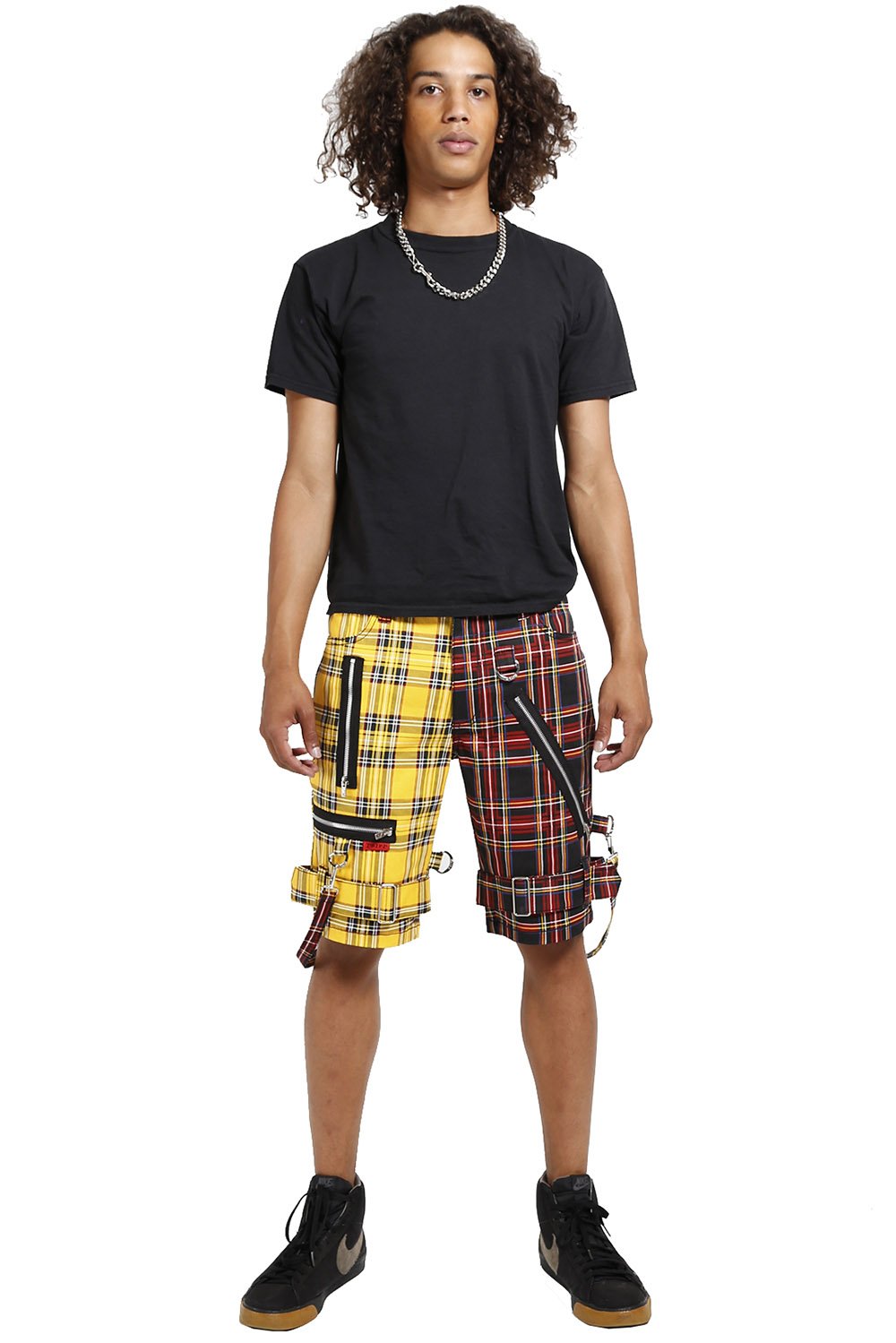 Split Bondage Shorts Black/Yellow Plaid