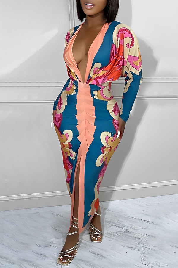 Deep V Printed Slim Maxi Dress