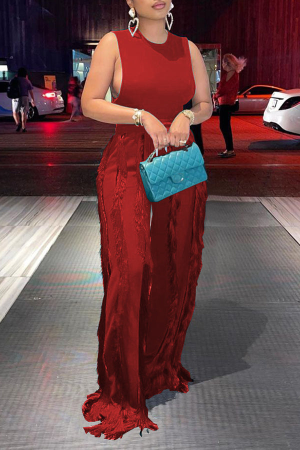 Stretch High-Rise Wide-Leg Fringed Pants
