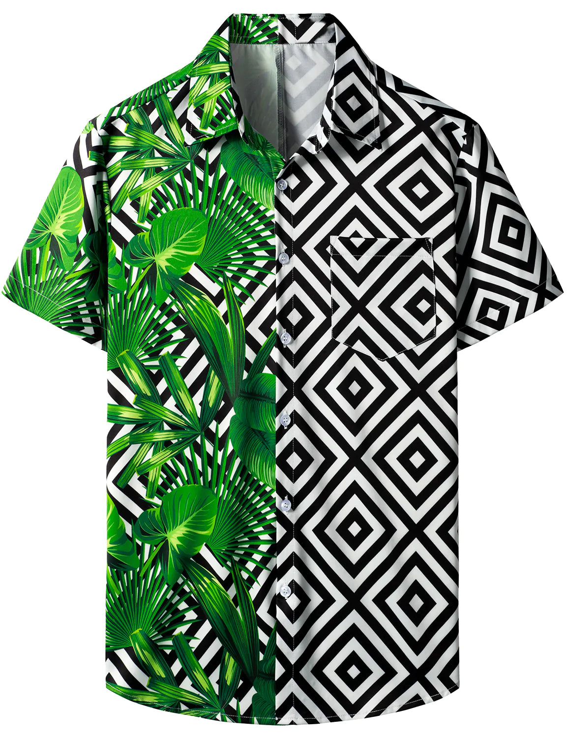 Men's Green Tropical Leaves Geometric Print Vacation Short Sleeve Hawaiian Shirt