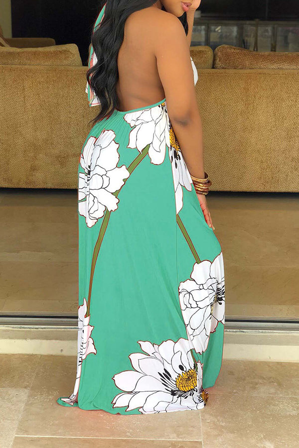Flower Print Halter Maxi Dress With Headscarf