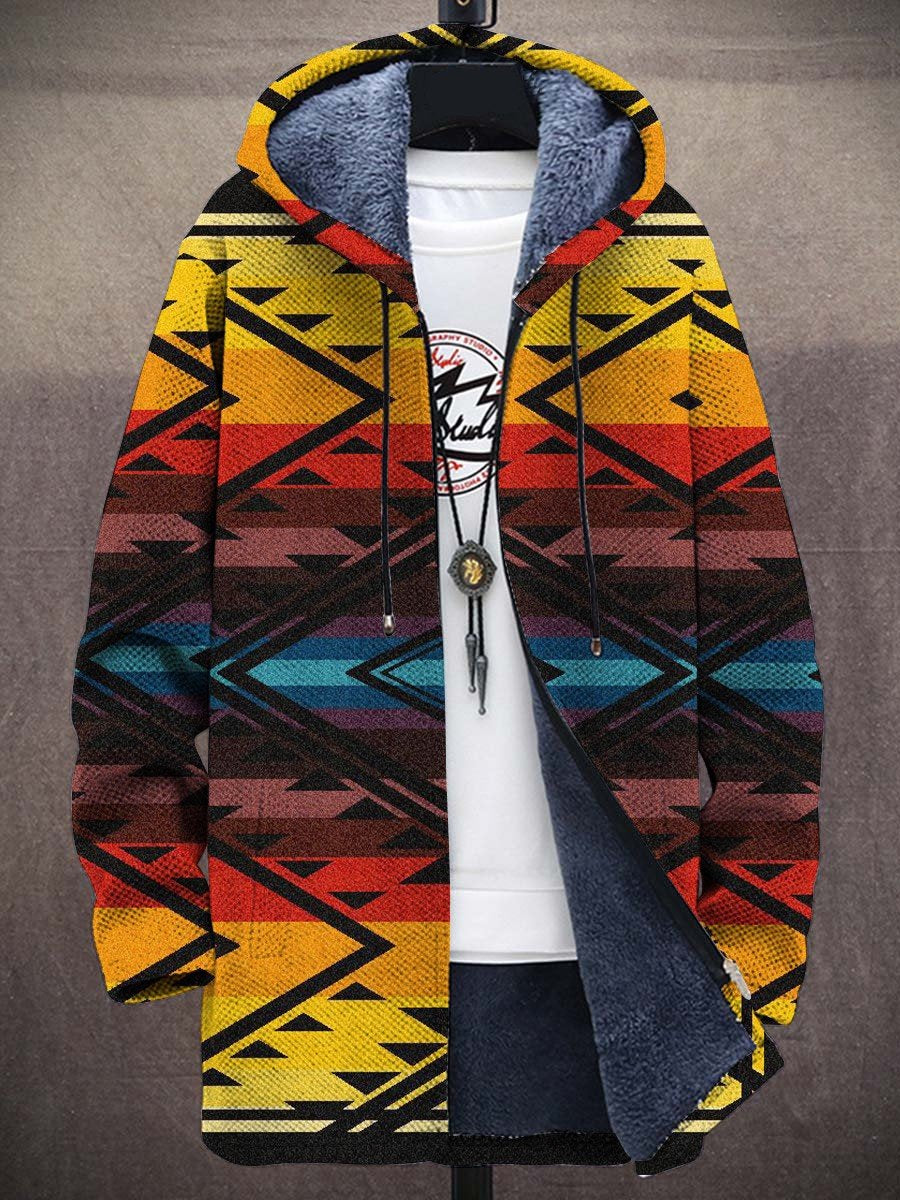 Men's Art Colorful Ethnic Pattern Long-Sleeved Fleece Sweater Coat Cardigan