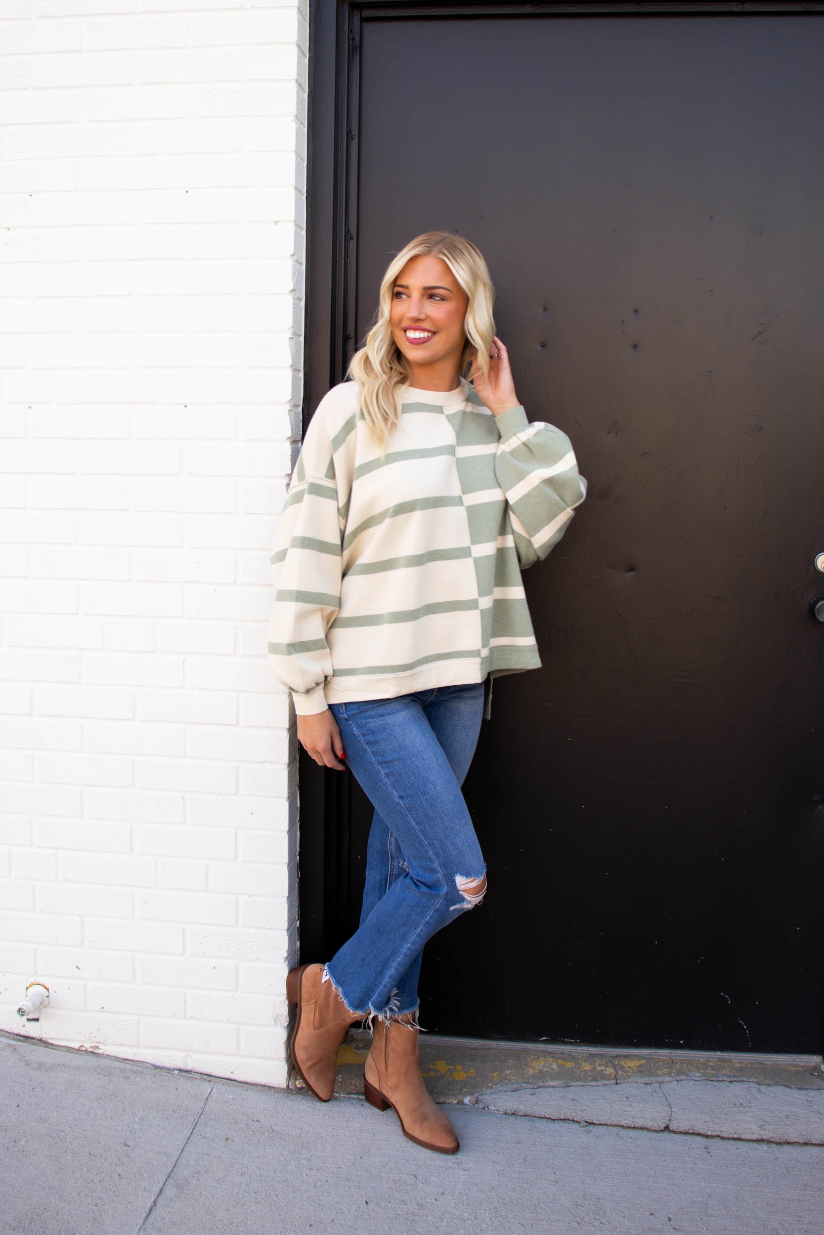 Dana Striped Color Combo Sweater | Sage/Cream