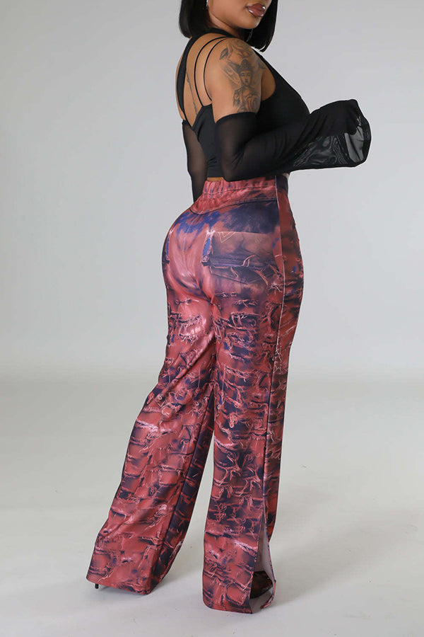 Imitation Denim Print Slit Pants