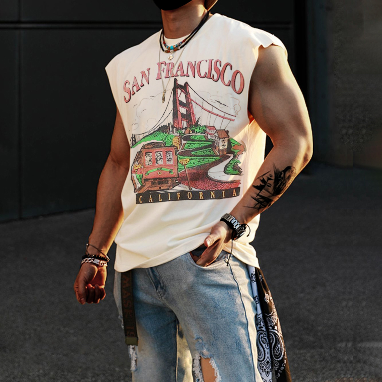 Retro Men's San Francisco Print Tank Top Oversized Sleeveless T-shirt