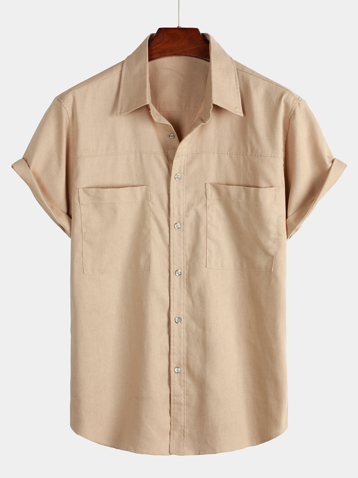 Men's Cotton & Linen Chest Pockets Solid Color Short Sleeve Shirt