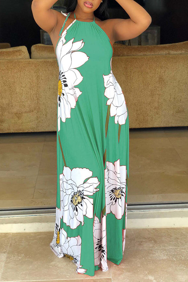 Flower Print Halter Maxi Dress With Headscarf