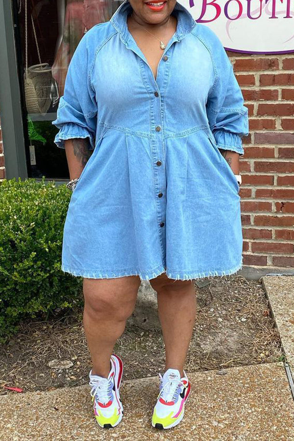 Flounce Sleeve Raw Trim Mini Denim Shirt Dress