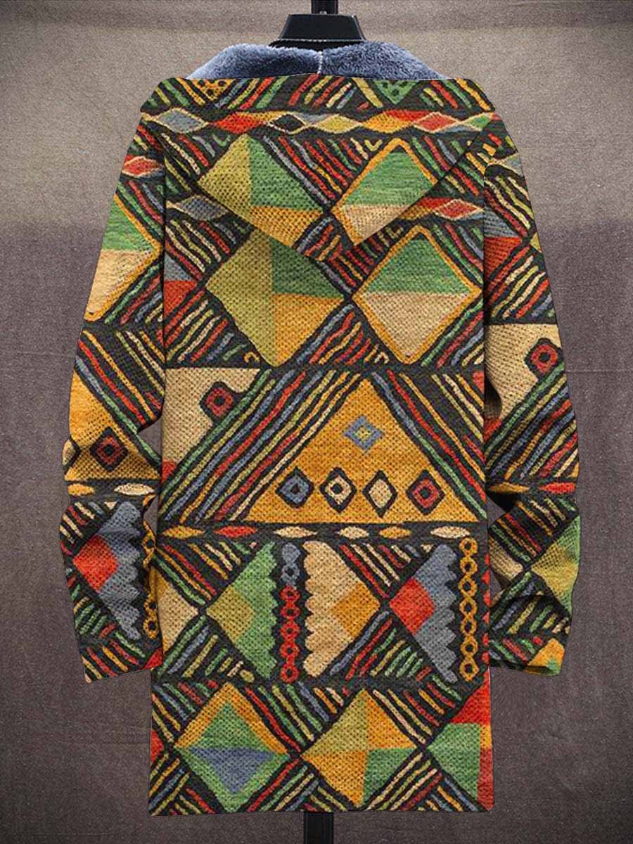 Men's Retro Art Print Plush Thick Long-Sleeved Sweater Coat Cardigan