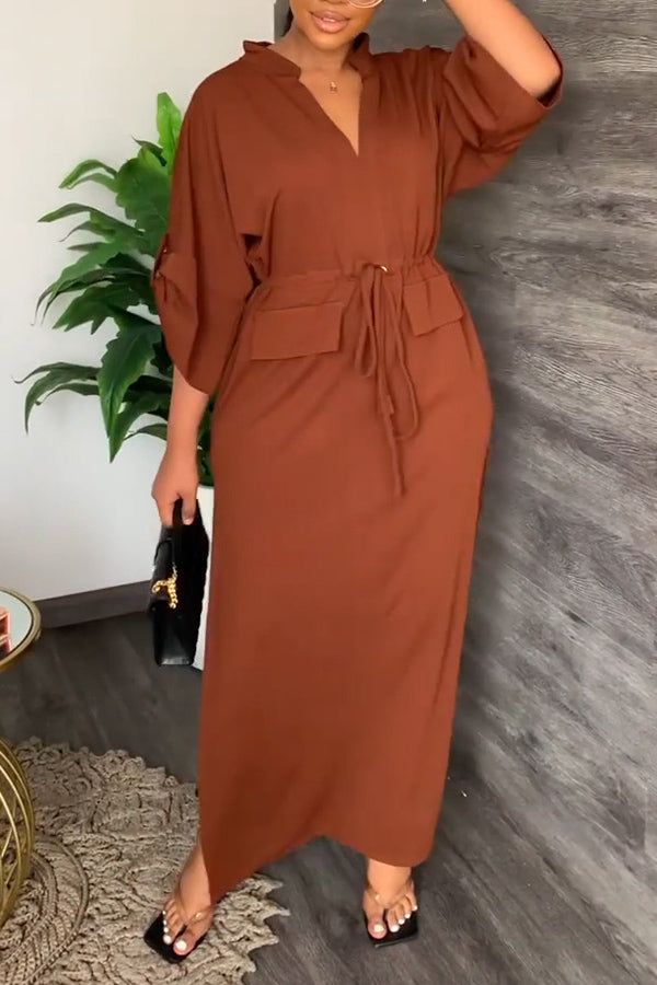 Mom Loose V Neck Tie Dress