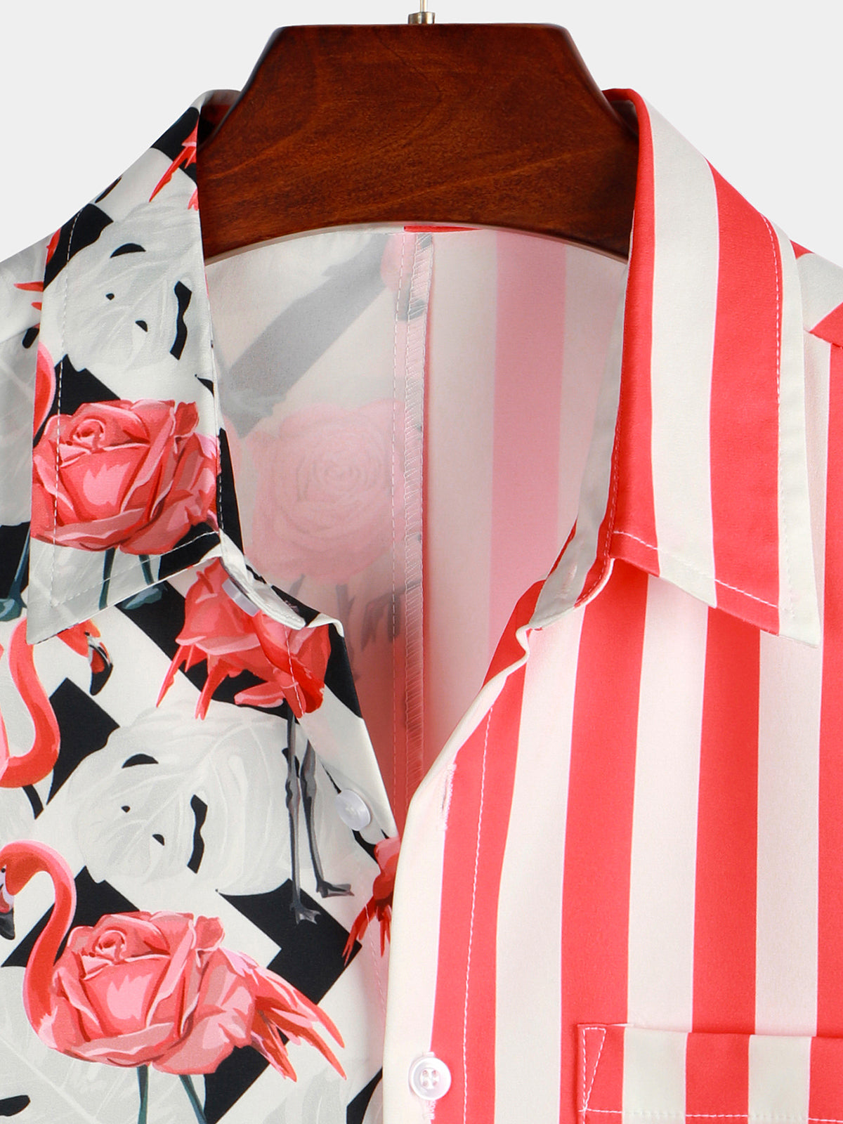 Men's Flamingo & Striped Print Pocket Short Sleeve Shirt